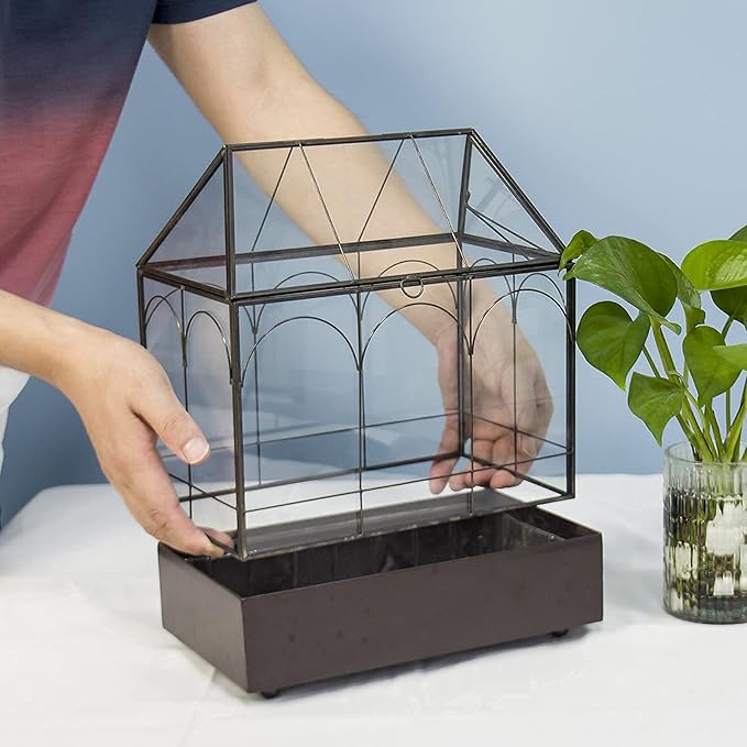 Large Tall Glass Plant Terrarium – House Succulent Terrarium Kit with Lip and Tray, 9.5”X5.7”X11.4”
