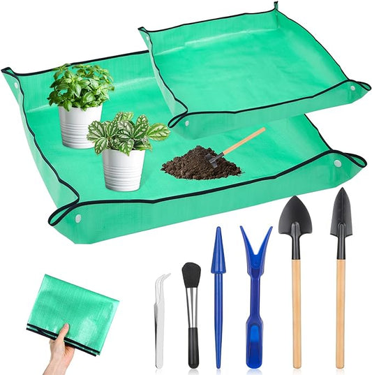 Plant Repotting Mat for Garden, 2 Pcs Waterproof Potting Mat Foldable Indoor Plant Mat Portable Square Gardening Mat Potting Tray with 6 Pcs Mini Garden Tools Set for Plant Lovers Gardening Gifts