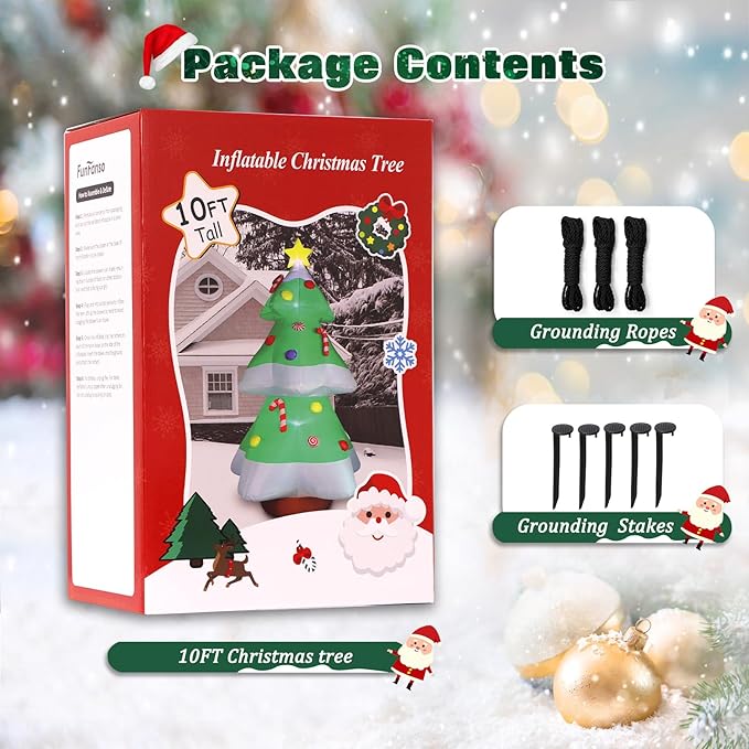 FunFanso 10FT Christmas Tree Inflatables Outdoor Decorations with LED Lights, Giant Blow Up Christmas Tree Yard Decor with Star Treetop & Colorful Candy for Xmas Holiday Party Garden Patio Lawn Decor