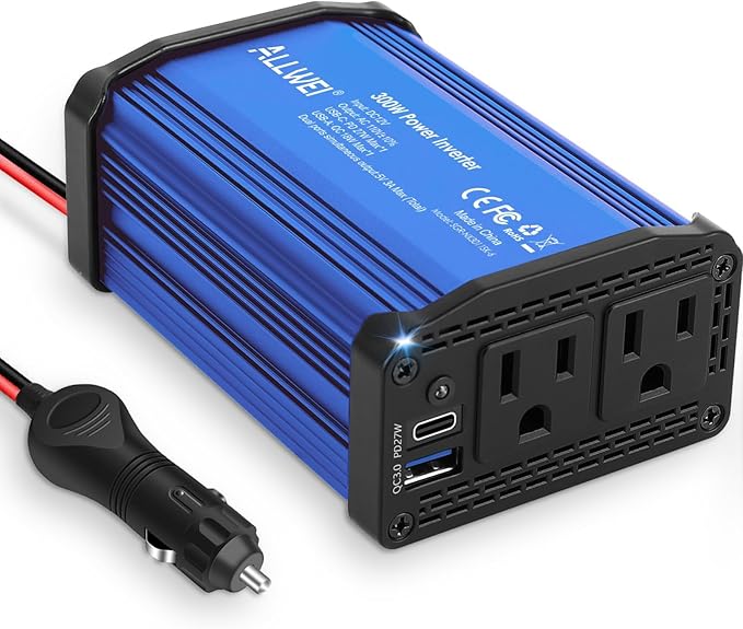 ALLWEI 300W Car Power Inverter, DC 12V to 110V AC Converter Car Plug Adapter Outlet with 27W PD USB-C & 18W USB-A Fast Charge, Car Cigarette Lighter Charger for Phone, Laptop, Tablet - Blue