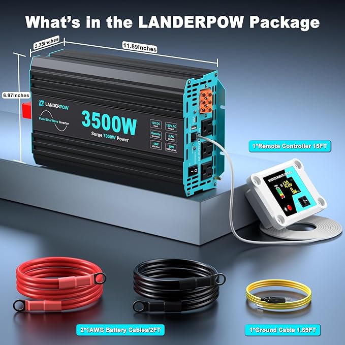 Pure Sine Wave 3500W Power Inverter 12V DC to 120V AC for RV, Truck, Home, Off-Grid, Solar, Inverter with 3 AC Outlet, 30W USB-C, 5V 3.1A USB, Hardwire Port, 15FT Remote Control, Surge 7000W