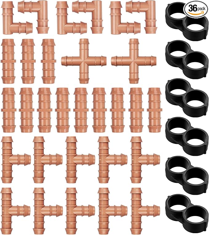 36 Pieces Drip Irrigation Kit:Drip Irrigation Parts for 1/2 Inch Drip Irrigation Tubing with 17mm 0.600" ID Drip Barbed Connectors Including 12 Couplings 10 Tees 6 Elbows 6 Plugs 2 Crosses