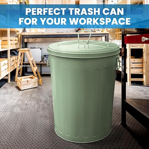 Plexon Large Metal Trash Can with Lid 20 Gallon, Decorative Outdoor Trash Can Heavy Duty Galvanized Metal Bucket with Lid for Garage Workshop Ash Storage Farmhouse, Green 6 Pack