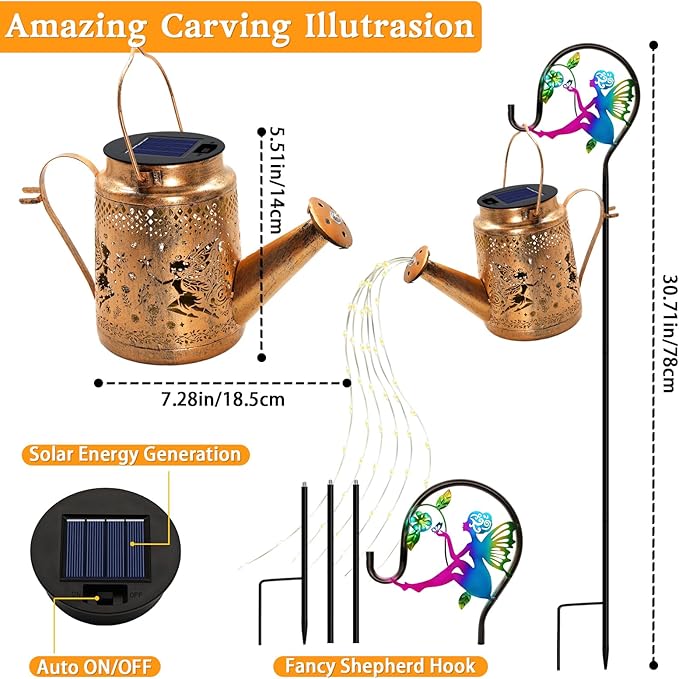 Solar Lanterns Outdoor Waterproof,Metal Watering Can Garden Decor,Fairy Hanging Solar Path Lights Yard Art,Outside Patio Decorations Gardening Birthday Gifts for Mom Grandma Women(with Shepherd Hook)
