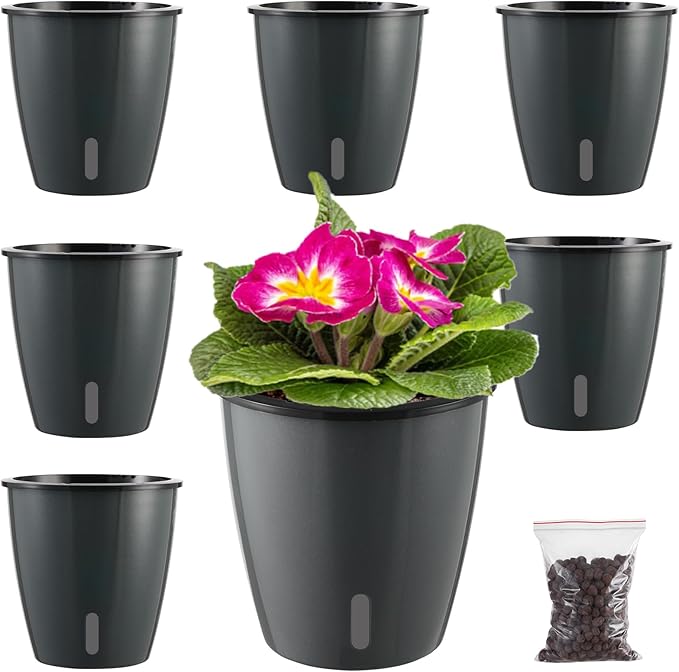 Planterhoma 5 Inch Self Watering Pots for Indoor Plants, 6 Packs African Violet Pots with Water Indicator and Black Wick Pots, Self Watering Planters for Devil's Ivy, Indoor Plant Pots, Grey Gold