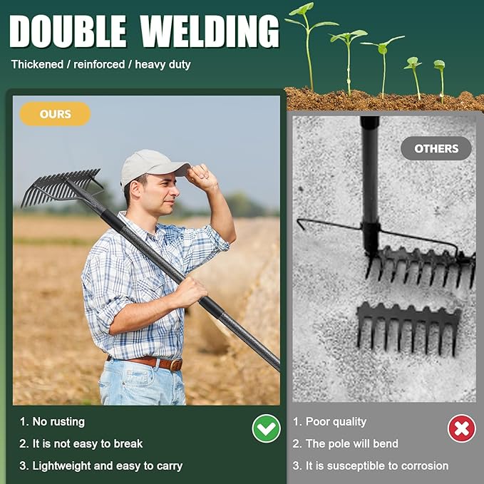 48'' Bow Rake Heavy Duty Garden Rake with Stainless Steel Handle, Tines Metal Head Rake Tool for Loosening Soil Gathering Leaf Leveling Lawn Farming Land Management Yarn Thatch Rake