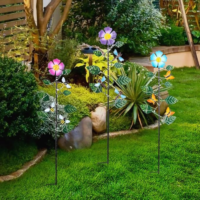 Set of 3 Solar Garden Lights,23'' H Flowers&Insect Decorative Garden Stakes,Waterproof Metal Spring Yard Art Decor,Solar Stake Lights for Outside,Lawn,Yard,Patio