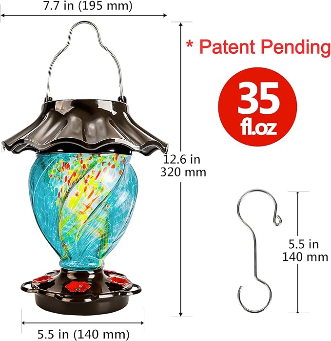 LUJII Solar Powered Hummingbird Feeder for Outside, Hand Blown Glass, 35 fl.oz, Never Leak, Waterproof, Metal Base Top, Lighted Lantern for Garden Decoration, Unique Gift for Bird Lovers, Teal