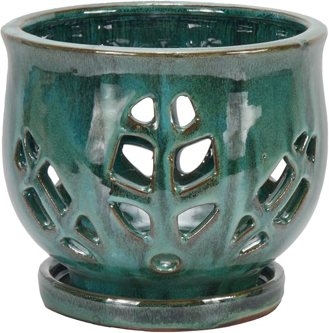 W&W Orchid Pot with Holes and Saucer for Repotting, Green Mix, 6.5 Inches