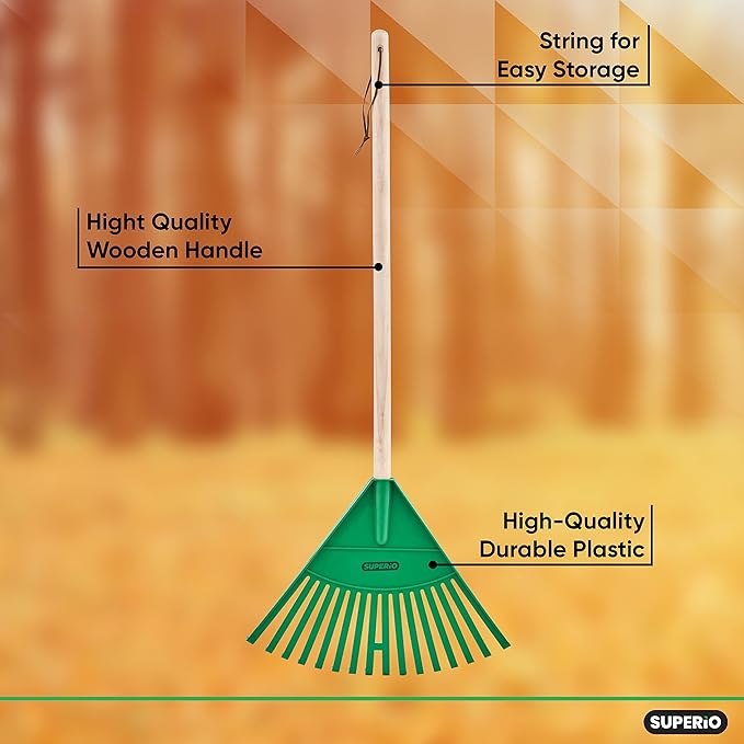 Superio Kids Rake with Hardwood Handle, Gardening and Lawn Care Tools for Kids, Sweep Leaves and Tidying Up The Garden, Plastic Tines and Heavy Duty Wooden Handle 34"