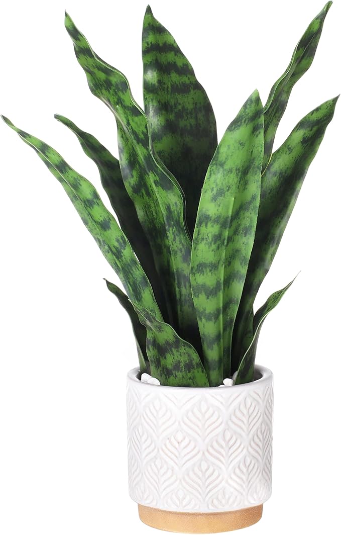 Artificial Snake Plants 16" with White Ceramic Pot Sansevieria Plant Fake Snake Plant Greenery Faux Plant in Pot for Home Office Living Room Housewarming Gifts Indoor Outdoor Decor-Green