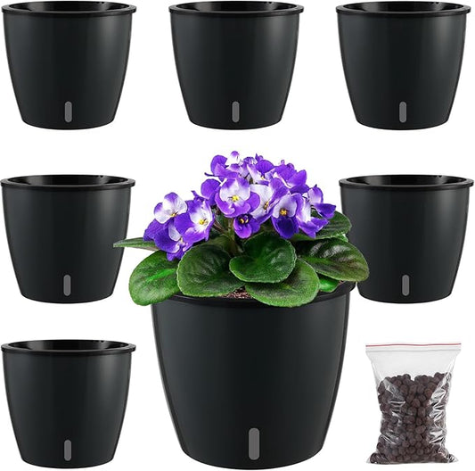 Planterhoma 6.7 Inch Self Watering Pots for Indoor Plants, 6 Packs African Violet Pots with Water Indicator and Black Wick Pots, Self Watering Planters for Devil's Ivy, Indoor Plant Pots, Black