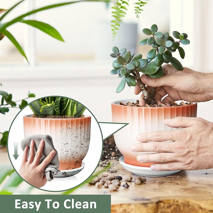 6.7 + 5.5 Inch Plant Pot, Ceramic Planter with Drainage and Saucer, Ceramic Pots for Plants, Indoor Plant pots,Ceramic Flower pots(Orange + White, Plants NOT Included)