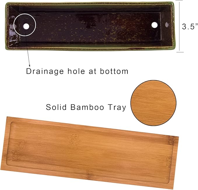 Artketty 12.1 Inch Large Succulent Planters Pots with Drainage Tray, Long Rectangle Ceramic Pots for Indoor Cactus/Succulent Plants Shallow Bonsai Window Box for Home Garden Decor (Green)