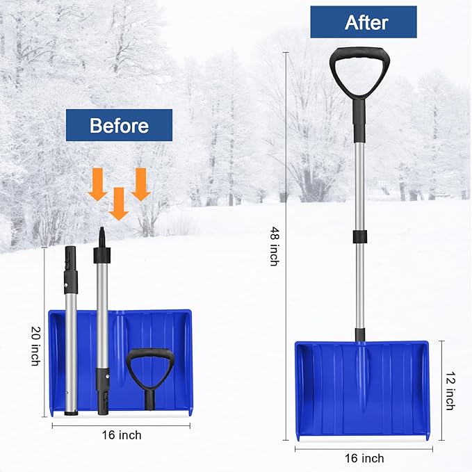 Ergonomic Large Snow Shovel for Driveway: 48-Inch Dual-Lock Knob Anti-Wobble Handle, 16" Plastic Blade w/Metal Edge, Ultra-Light 1.9 lb, Portable Aluminum Shaft, Car, Camping & Emergency, Blue