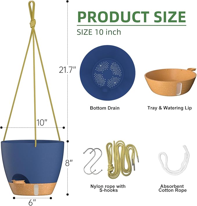 ZMTECH Hanging Planter 10 Inch, 2 Pack Hanging Baskets for Plants Indoor, Hanging Flower Pots with Drainage Hole, Visual Reservoir & 2 Kinds of Plant Hangers for Outdoor Garden Home Decor
