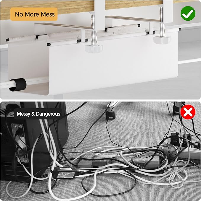 Under Desk Cable Management Tray 15.7" - No Drill Computer Wire Organizer Cable Tray, Fabric Cord Hider Clamp Mount, with 16X Cable Ties PC Cables Management Cord Holder for Office/Home (White)