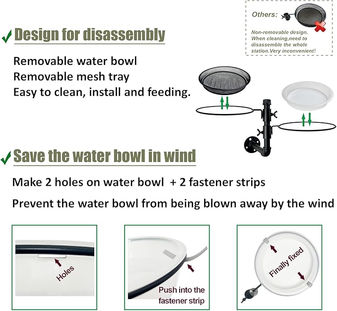 Wall Mounted Bird Feeder with Metal Mesh Seed Tray and 2 Bird Bath Bowls,Heavy Duty Fence Tree Mount Birds Feeder for Outside Wild Birds,Table Mountable Platform Feeder in Garden Backyard