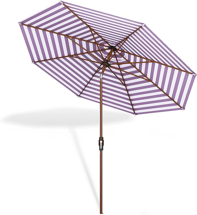 Midtown Umbrellas The Wooden 2-10 Feet Large Patio Umbrella, Terylast Purple & White Stripes Fabric, Aluminum Frame For Backyard Umbrella, Deck Umbrella, Garden Umbrella & Pool - Wooden Pole