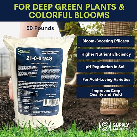 21-0-0-24S Ammonium Sulfate for Deep Green Plants - Soil Acidifier for Blueberry Blooms, Azalea and Magnolia Tree Fertilizer - Sulfur for Plants Nitrogen Fertilizer (50 Pounds)
