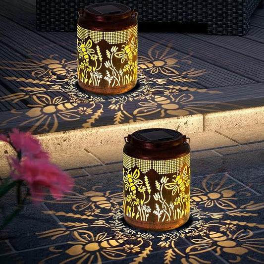 2 Pack Bee Solar Lanterns Outdoor Waterproof Hanging Solar Lights LED 6.9" Metal Flower Bee Decorative Lantern for Patio,Yard,Porch,Table,Garden Birthday Gifts for Women Mom Grandma