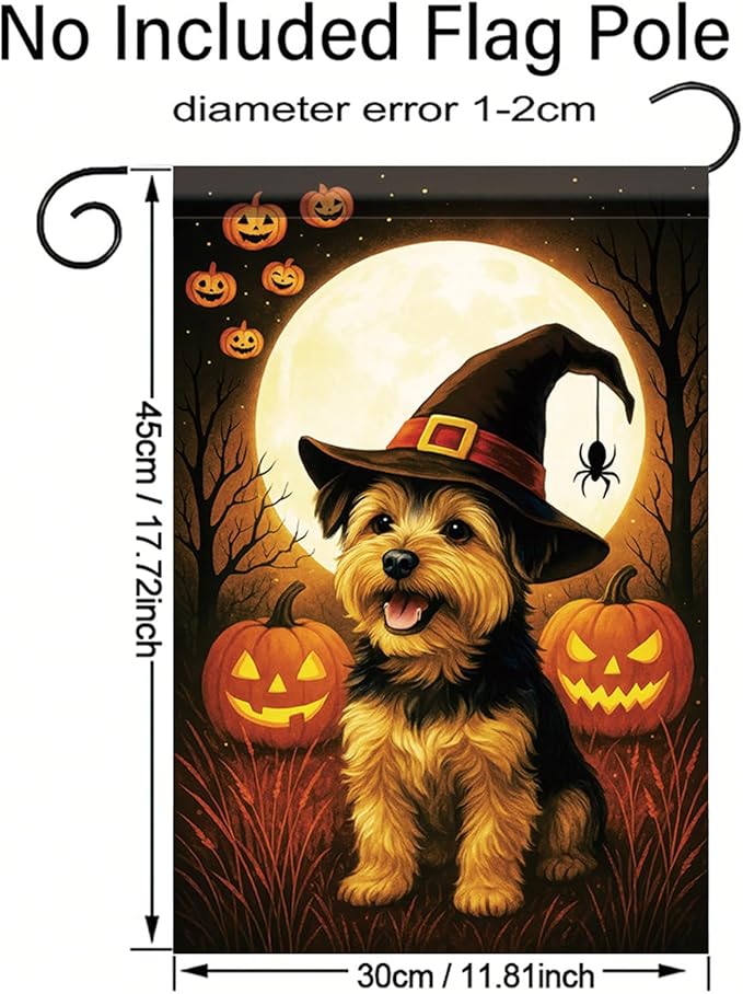Halloween Garden Flag Yorkshire Terrier Dog Flag 12x18 Inch Double-Sided Pumpkin Witch Hat Spider Yard Banner Fall Outdoor Decoration for Porch Lawn Pathway Dog Lover Gift