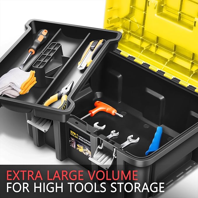 DNA MOTORING 2pcs Tool Boxes Set - Lockable Organizer Storage Portable Toolbox with Removable Tray for Workshop Garage & Household, Large Capacity, TOOLS-00310-YL