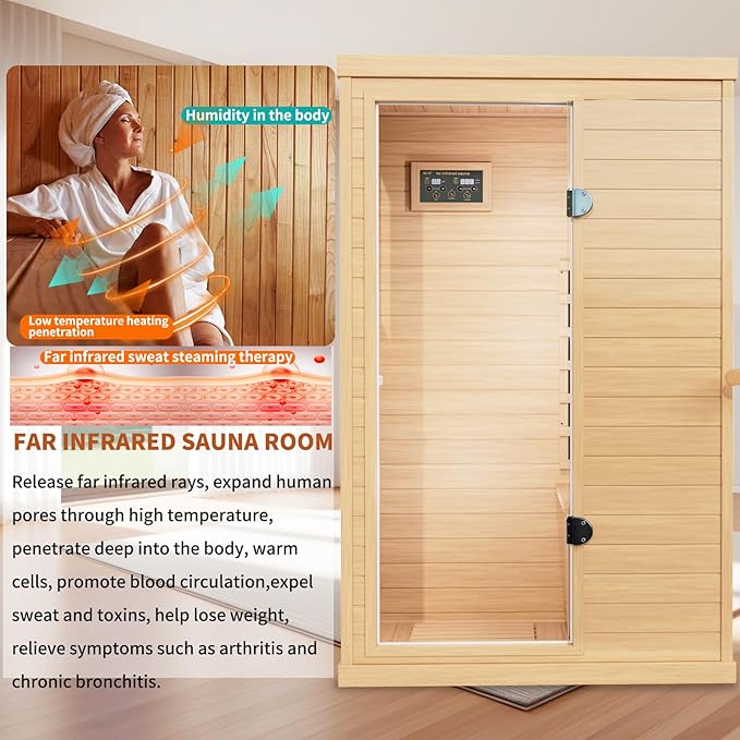 Infrared Wooden Sauna 1 Person Infrared Saunas for Home Dry Sauna for Home, Low Emf Infrared Sauna 1050W Indoor Saunas for the Home , Bluetooth Speakers, Reading Lamps, Room:63 * 28.74 * 36.61Inch