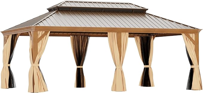 14' X 20' Hardtop Gazebo Outdoor Aluminum Patio Gazebo Double Roof Galvanized Steel Canopy Wooden Finish Coated with Netting and Curtains for Garden, Backyard,Deck and Lawns