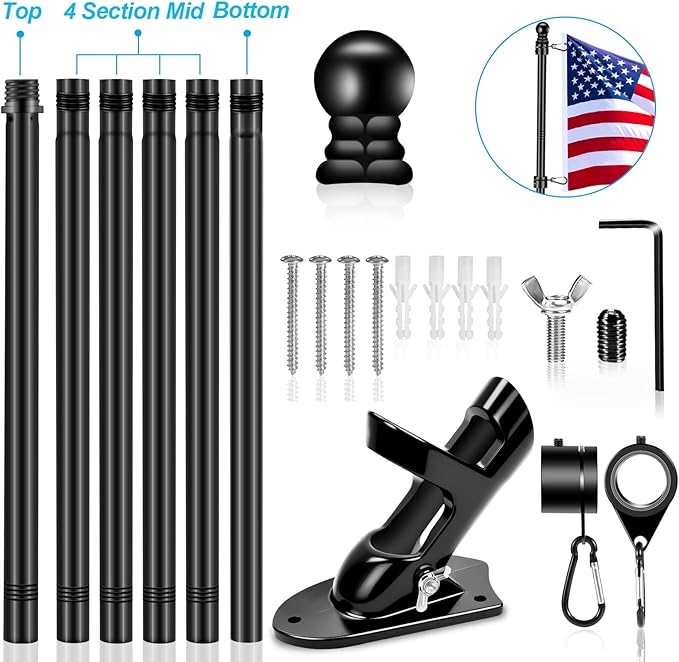 7 FT Flag Pole Kit for Outside House Porch Wall Mounted with 2-Position Bracket Holder & Rotating Metal Flagpole Ring, 1" Spinning Stainless Steel Thicken Flag Poles for 4x6 American Flag(7 FT, Black)