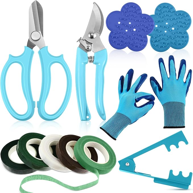 WILLBOND 11 Pcs Rose Thorn Remover Valentine Leaf Stripping Tool Garden Pruning Shear Scissors Kit Thorn Remover for Roses Floral Gloves and Floral Tape for Outdoor Gardening Flower(Blue)