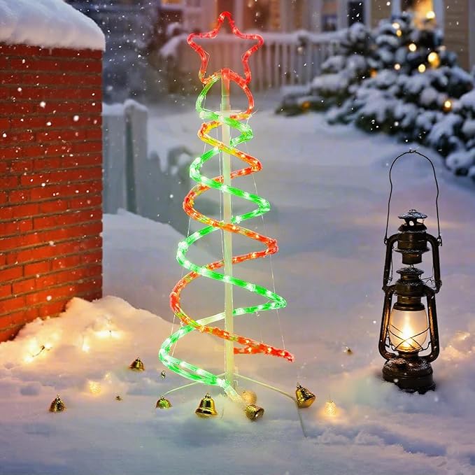 Double Spiral Christmas Tree Light Outdoor, Outdoor Light Up Christmas Tree with 8 Mode Controller, 120V Plug&Play ETL Waterproof for Xmas New Year Yard Garden, Red&Green, 3FT
