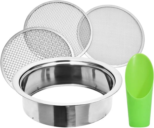 Soil Sieve Sifter Set Stainless Steel,Garden Sieve Set with 3 Interchangeable Mesh 1,3,5mm,Sifting Screen for Dirt, Sand, Rock, Filtration, Compost, with Soil Scoops Gardening Tool