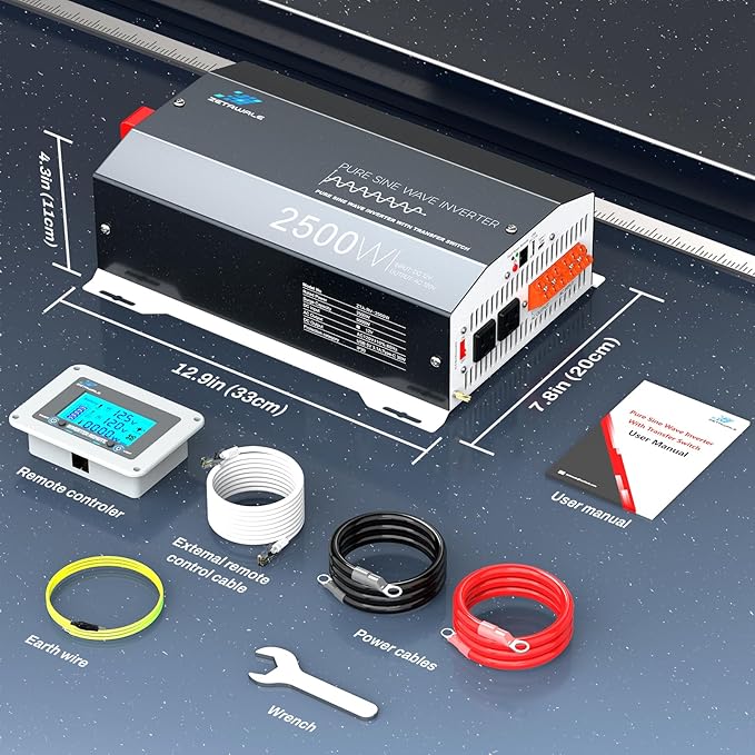 2500 Watt Pure Sine Wave Inverter with Auto Transfer Switch,12V DC to 110V 120V AC Converter,5000W Peak Power with 2 AC Outlets,USB Port,Tyep-C,Remote Control,RV Power Inverter for RV,Outdoor,Home