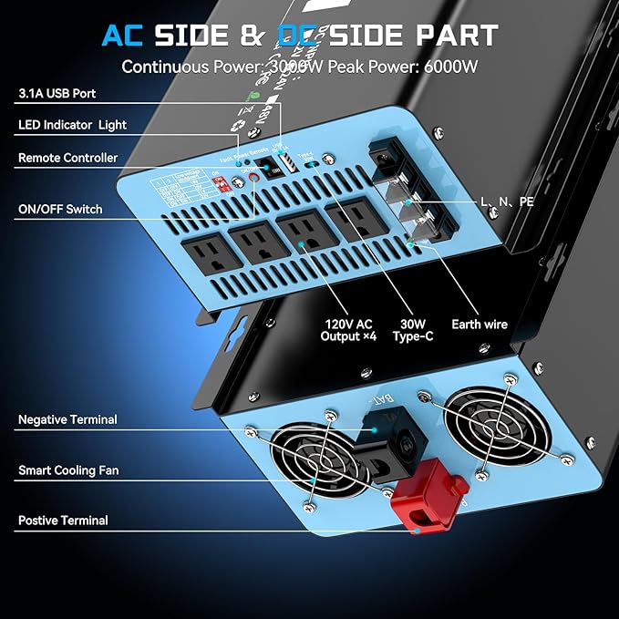 New Upgraded 24V 3000 Watts Pure Sine Wave Inverter, 24V DC to 110V/120V AC Power Inverter with 4 AC Outlets, USB Port, Type-C Port for Truck, Vehicle, Power Outage, Remote Control with LCD Screen