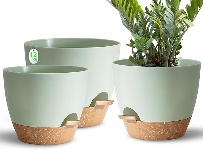 Indoor Pots For Plants 3 Pack 12/10/9 Inch Self Watering Pots For Lazy People,Self Watering Pots For Indoor Plants,Outdoor Pots For Succulent, African violets And Cactus Green Plastic Flower Pots