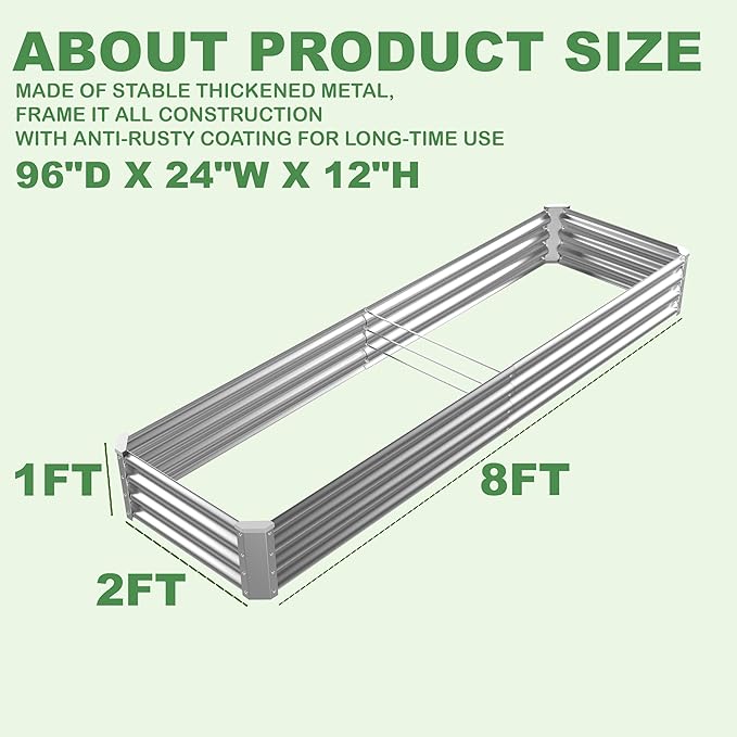 8x2x1ft(2 Pack) Galvanized Raised Garden Bed for Gardening,Metal Planter Boxes Outdoor Patio Kit Planting Bed for Vegetables Flowers Herb,Silver