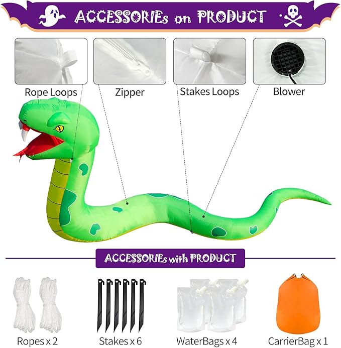 DomKom 13FT Halloween Inflatable Blow Up Decorations, Giant Snake, Built-in LEDs for Holiday Party, Garden, Lawn, Yard, Patio Décor