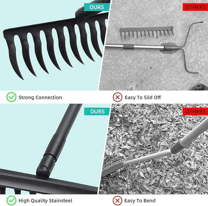 60 Inch Rake for Gardening Leveling Rake Heavy Duty Rake Tool with 12 Tines Adjustable Long Handle Thatch Rake for Loosening Soil Leveling Mulch Gathering Leaves, Black