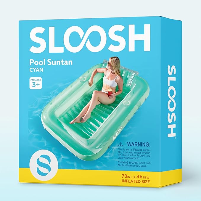 SLOOSH Inflatable Tanning Pool Lounger Float, 70" x 46" Pool Floats Adult with Pillow, 4 in 1 Suntan Tub Raft Floatie,Sunbathing Bed Lounge for Water Blow Up Kids Ball Pit Party Gifts, L-Cyan
