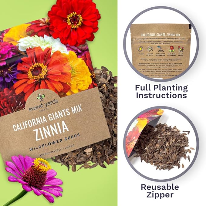 Zinnia Seeds - California Giants Mix - Large 1 Ounce Packet - 3,000 Flower Seeds - Mixed Colors and Large Blooms