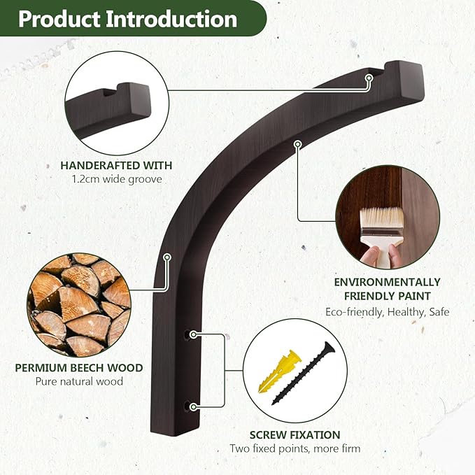 FGSAEOR Stylish Wooden Plant Hanger, 2 Pack 8 Inch Indoor Outdoor Wall Hooks for Planter Basket Hanging Flower Pot Bracket Lanterns Wind Chimes Decoration, Premium Beech Wood Home Decor, Walnut Color