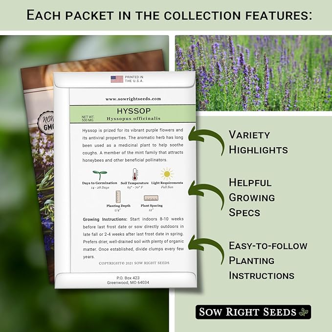 Sow Right Seeds - Medicinal Herb Seed Collection for Planting - Roman Chamomile, Echinacea, Lavender, Comfrey & Hyssop - Non-GMO Heirloom Seed - Grow Your own Home Remedies, Teas, & Tinctures
