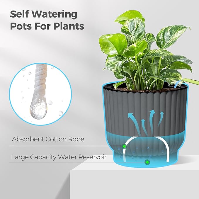 T4U 4.5 Inch Self Watering Pots for Indoor Plants, 6 Pack Gray Plastic Flower Pots for All House Plants, Flowers, African Violets