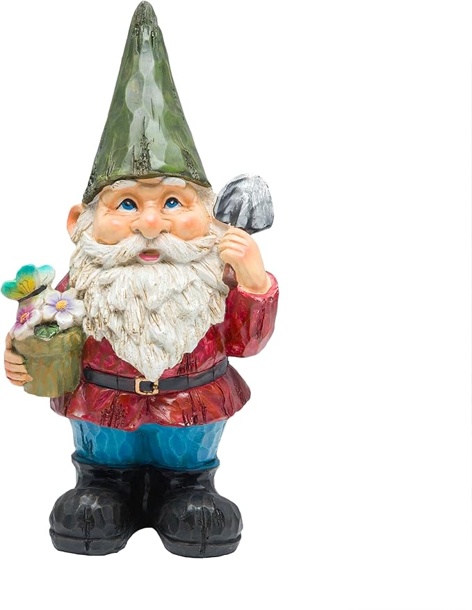 Alpine Corporation 12" Tall Outdoor Garden Gnome with Flower Pot Yard Statue Decoration
