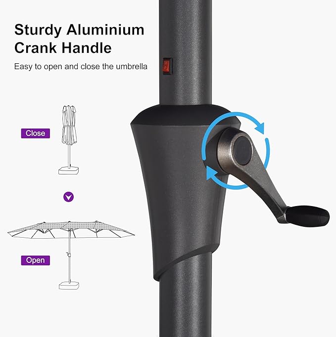 PURPLE LEAF 15ft Double-Side Patio Umbrella with Base and Solar Lights Outdoor Market Umbrella with Crank Handle Rectangle Umbrella for Backyard Pool Garden Deck, Taupe