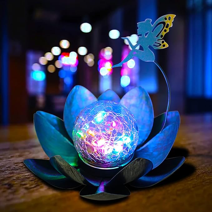 YJFWAL Garden Solar Lights Decorative, Crackle Globe Glass Lotus Flower with Fairy Decor, Metal Lotus Lamp for Garden,Patio,Lawn,Walkway,Tabletop(Multi-Color)