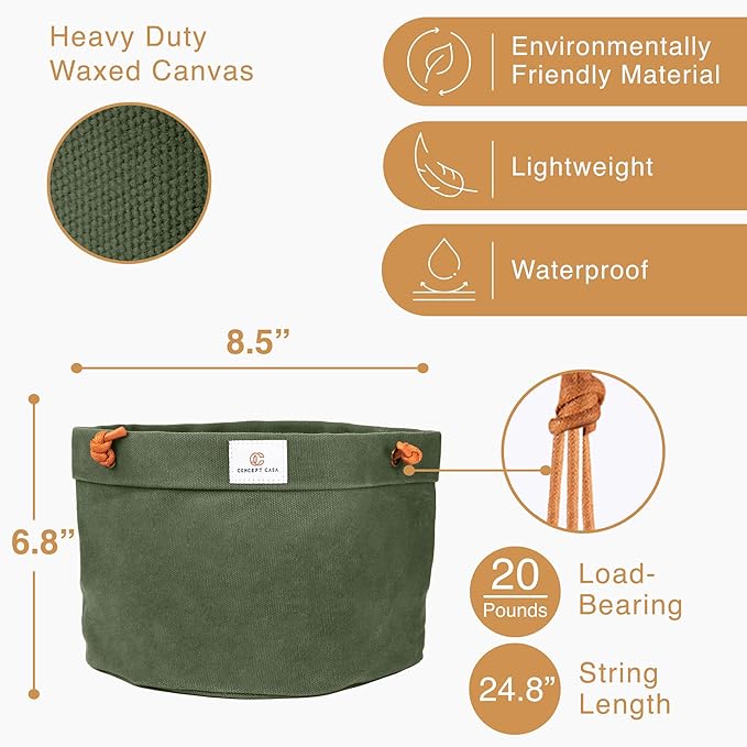 Waxed Canvas Handmade Hanging Planter for Indoor/Outdoor Plants, Hanging Basket Plant Holder Forest Green