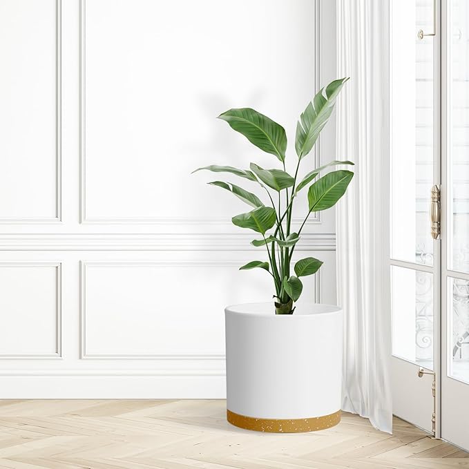 10 Inch Large Flower Pots for Indoor Outdoor Plants, Cylinder Deep Plant Pots with Drainage Holes and Saucer, Big Decorative Plastic Planter Pots for Garden House Plants, White with Brown