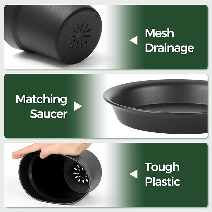 T4U 5 Inch Plastic Planters 18-Pack - Small Plant Pot with Drainage Hole and Saucer, Decorative Nursery Pot Bulk for African Violet, Snake Plant, Aloe and All House Plants Indoor (Black)